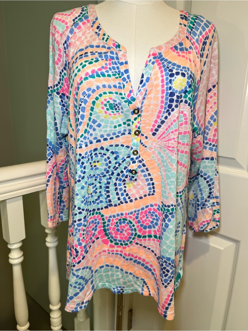Lilly Pulitzer Multicolor Long Sleeve Henley Tunic Linen Pastel Mosaic Print XL